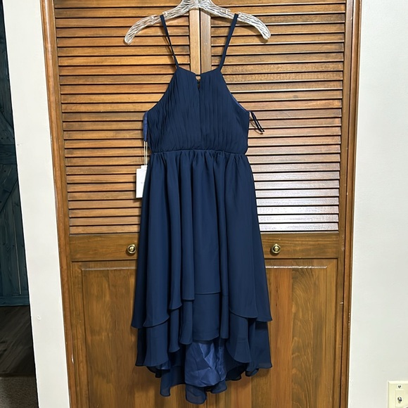NWT Asymmetrical Chiffon Jr Bridesmaid Navy Dress Halter Spaghetti Straps Size 8 - Picture 2 of 16